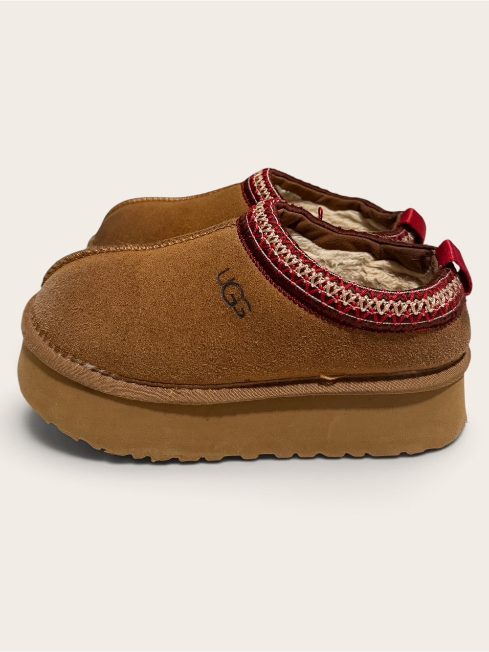 UGG Kids Chestnut Suede Slip-On Clog with Red Accent Collar - Picture 2 of 9